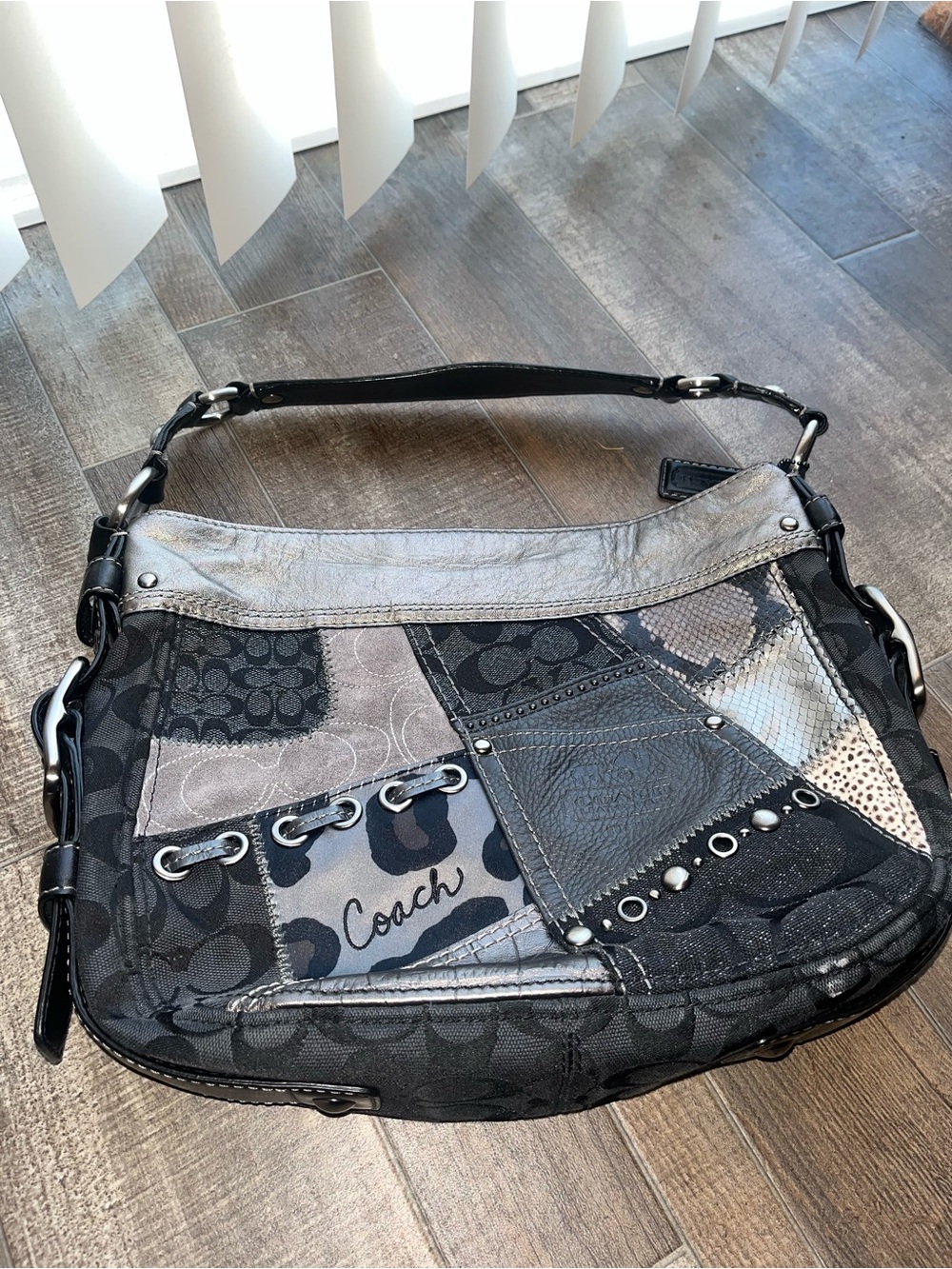 Coach Patchwork Shoulder Bag in Black and Gray Tones